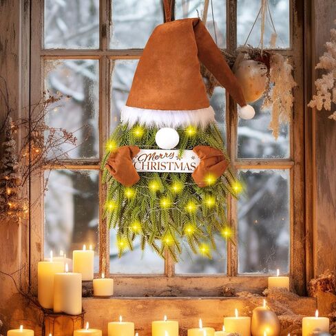 إكليل جنوم عيد الميلاد من دينجيون مع أضواء إكليل نورفولك الصنوبر المحايد لتزيين الباب الأمامي، بني مخملي لعيد الميلاد سانتا جنوم، علامة معلقة، إكليل جنوم واقعي لعيد الميلاد، شرفة المنزل، داخلي وخارجي in Kuwait