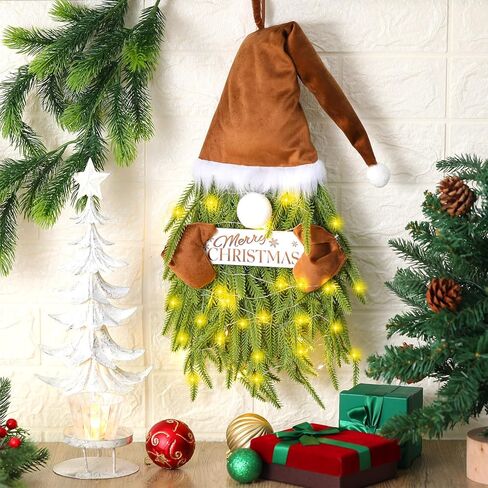 إكليل جنوم عيد الميلاد من دينجيون مع أضواء إكليل نورفولك الصنوبر المحايد لتزيين الباب الأمامي، بني مخملي لعيد الميلاد سانتا جنوم، علامة معلقة، إكليل جنوم واقعي لعيد الميلاد، شرفة المنزل، داخلي وخارجي in Kuwait