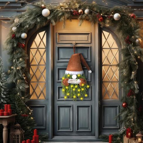 إكليل جنوم عيد الميلاد من دينجيون مع أضواء إكليل نورفولك الصنوبر المحايد لتزيين الباب الأمامي، بني مخملي لعيد الميلاد سانتا جنوم، علامة معلقة، إكليل جنوم واقعي لعيد الميلاد، شرفة المنزل، داخلي وخارجي in Kuwait