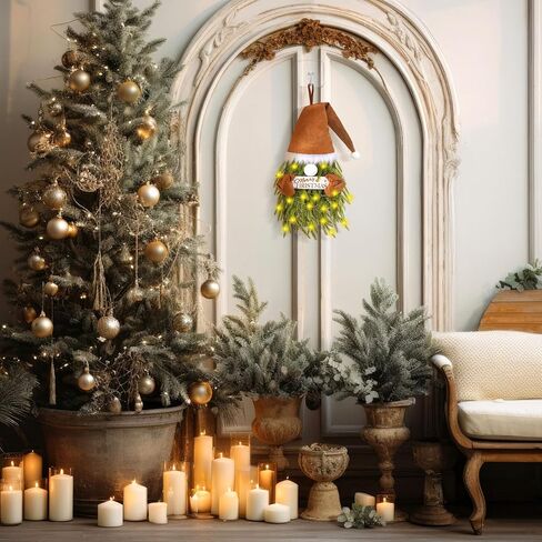 إكليل جنوم عيد الميلاد من دينجيون مع أضواء إكليل نورفولك الصنوبر المحايد لتزيين الباب الأمامي، بني مخملي لعيد الميلاد سانتا جنوم، علامة معلقة، إكليل جنوم واقعي لعيد الميلاد، شرفة المنزل، داخلي وخارجي in Kuwait