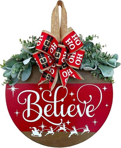 Merry Christmas Wreath Welcome Sign for Front Door, 11.8 inch Wooden Merry Christmas Sign for Holiday Rustic Farmhouse Front Door Porch Wall Window Outside Decorations (Believe) in Saudi Arabia