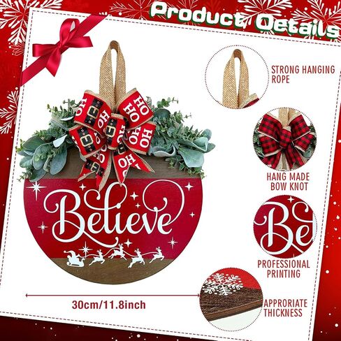 Merry Christmas Wreath Welcome Sign for Front Door, 11.8 inch Wooden Merry Christmas Sign for Holiday Rustic Farmhouse Front Door Porch Wall Window Outside Decorations (Believe) in Saudi Arabia