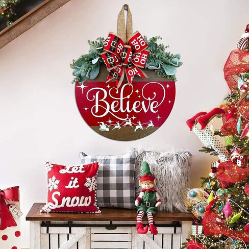 Merry Christmas Wreath Welcome Sign for Front Door, 11.8 inch Wooden Merry Christmas Sign for Holiday Rustic Farmhouse Front Door Porch Wall Window Outside Decorations (Believe) in Saudi Arabia