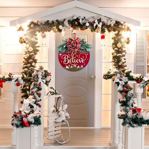 Merry Christmas Wreath Welcome Sign for Front Door, 11.8 inch Wooden Merry Christmas Sign for Holiday Rustic Farmhouse Front Door Porch Wall Window Outside Decorations (Believe) in Saudi Arabia