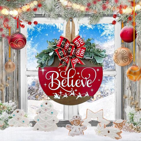 Merry Christmas Wreath Welcome Sign for Front Door, 11.8 inch Wooden Merry Christmas Sign for Holiday Rustic Farmhouse Front Door Porch Wall Window Outside Decorations (Believe) in Saudi Arabia