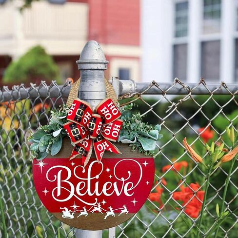 Merry Christmas Wreath Welcome Sign for Front Door, 11.8 inch Wooden Merry Christmas Sign for Holiday Rustic Farmhouse Front Door Porch Wall Window Outside Decorations (Believe) in Saudi Arabia