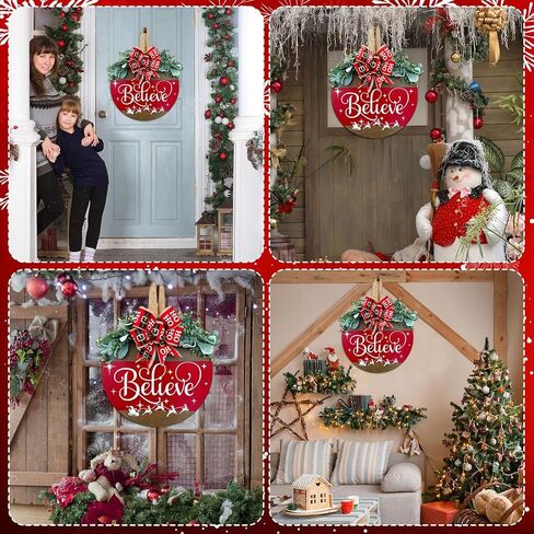 Merry Christmas Wreath Welcome Sign for Front Door, 11.8 inch Wooden Merry Christmas Sign for Holiday Rustic Farmhouse Front Door Porch Wall Window Outside Decorations (Believe) in Saudi Arabia