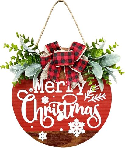 Christmas Welcome Sign, Merry Christmas Wooden Wreath with Bow Winter Wreaths, Merry Christmas Welcome Sign for Front Door Outside Decorations in Saudi Arabia