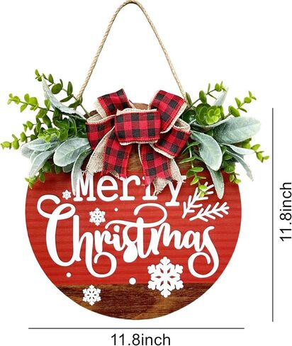 Christmas Welcome Sign, Merry Christmas Wooden Wreath with Bow Winter Wreaths, Merry Christmas Welcome Sign for Front Door Outside Decorations in Saudi Arabia