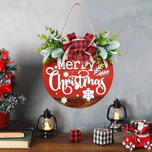 Christmas Welcome Sign, Merry Christmas Wooden Wreath with Bow Winter Wreaths, Merry Christmas Welcome Sign for Front Door Outside Decorations in Saudi Arabia