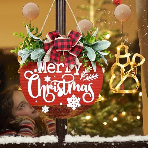 Christmas Welcome Sign, Merry Christmas Wooden Wreath with Bow Winter Wreaths, Merry Christmas Welcome Sign for Front Door Outside Decorations in Saudi Arabia