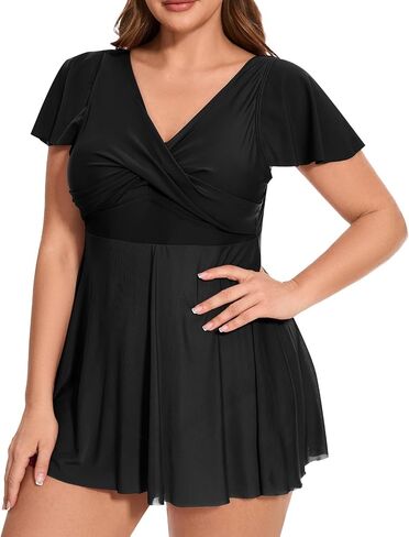 Women's Plus Size Swimsuit Ruffle Sleeve Swim Dress One Piece Tummy Control Bathing Suit V Neck Swimwear in Kuwait