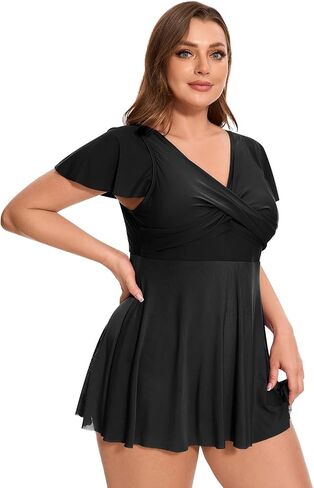 Women's Plus Size Swimsuit Ruffle Sleeve Swim Dress One Piece Tummy Control Bathing Suit V Neck Swimwear in Kuwait
