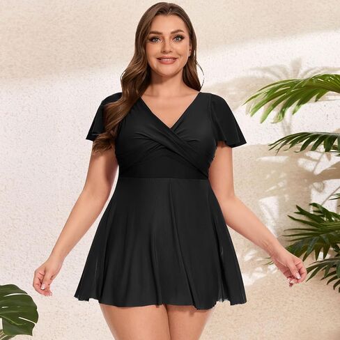 Women's Plus Size Swimsuit Ruffle Sleeve Swim Dress One Piece Tummy Control Bathing Suit V Neck Swimwear in Kuwait