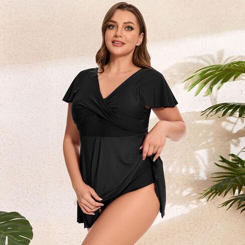 Women's Plus Size Swimsuit Ruffle Sleeve Swim Dress One Piece Tummy Control Bathing Suit V Neck Swimwear in Kuwait