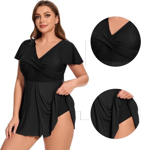 Women's Plus Size Swimsuit Ruffle Sleeve Swim Dress One Piece Tummy Control Bathing Suit V Neck Swimwear in Kuwait