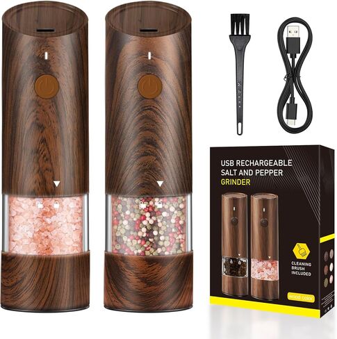 Electric Salt and Pepper Grinder Set - Automatic Pepper and Salt Grinder Refillable with 6 Adjustable Coarseness Adjustable Ceramic Core with LED Light Rechargeable Pepper Grinder-2 Pack Wood Grain in Saudi Arabia