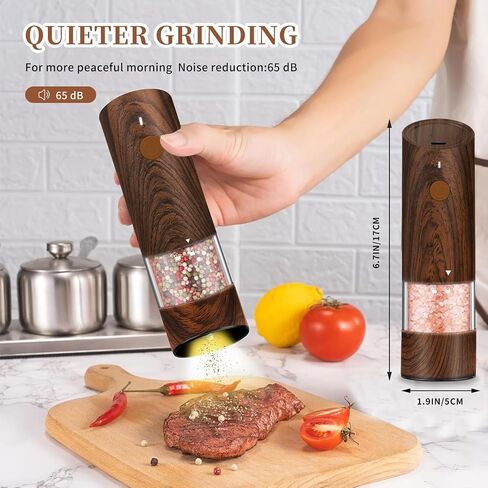 Electric Salt and Pepper Grinder Set - Automatic Pepper and Salt Grinder Refillable with 6 Adjustable Coarseness Adjustable Ceramic Core with LED Light Rechargeable Pepper Grinder-2 Pack Wood Grain in Saudi Arabia