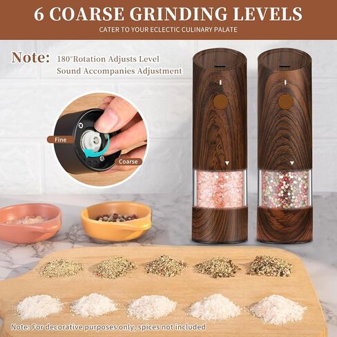 Electric Salt and Pepper Grinder Set - Automatic Pepper and Salt Grinder Refillable with 6 Adjustable Coarseness Adjustable Ceramic Core with LED Light Rechargeable Pepper Grinder-2 Pack Wood Grain in Saudi Arabia