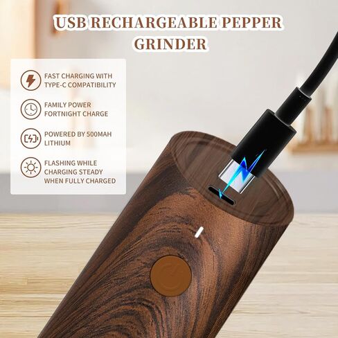 Electric Salt and Pepper Grinder Set - Automatic Pepper and Salt Grinder Refillable with 6 Adjustable Coarseness Adjustable Ceramic Core with LED Light Rechargeable Pepper Grinder-2 Pack Wood Grain in Saudi Arabia