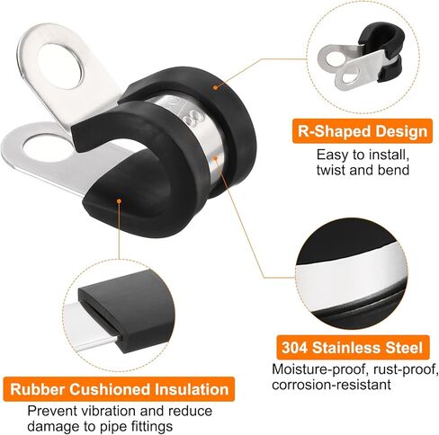 HARFINGTON 100pcs 304 Stainless Steel Cable Clamps 1/2 Inch Rubber Cushioned Insulated Clamp Metal Loop Pipe Clamp for Tube Pipe Wire Cord Installation in Kuwait