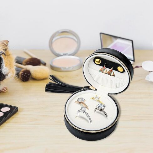 حقيبة تنظيم المجوهرات المحمولة من جلد البولي يوريثان الأسود من Homakover، حاوية سلسلة مفاتيح مضادة للفقدان، صندوق حلقي للسفر للخواتم والمجوهرات in Kuwait