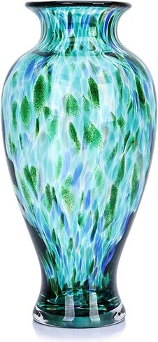 Hand Blown Glass Vase 11.8" Tall Turquoise Sea Glass Vase for Table Centerpieces, Murano Glass Flower Vases Colorful,Beautiful Blown Glass Bud Vase for - Home Entrance Wedding Center (Turquoise) in Kuwait