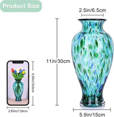 Hand Blown Glass Vase 11.8" Tall Turquoise Sea Glass Vase for Table Centerpieces, Murano Glass Flower Vases Colorful,Beautiful Blown Glass Bud Vase for - Home Entrance Wedding Center (Turquoise) in Kuwait
