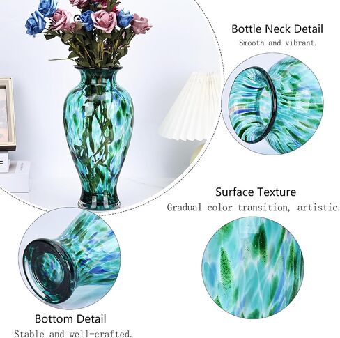Hand Blown Glass Vase 11.8" Tall Turquoise Sea Glass Vase for Table Centerpieces, Murano Glass Flower Vases Colorful,Beautiful Blown Glass Bud Vase for - Home Entrance Wedding Center (Turquoise) in Kuwait