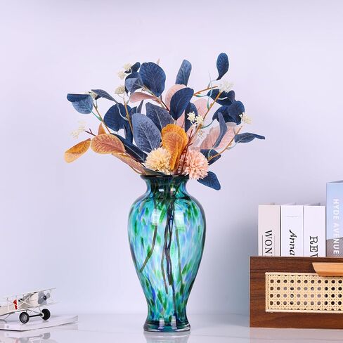 Hand Blown Glass Vase 11.8" Tall Turquoise Sea Glass Vase for Table Centerpieces, Murano Glass Flower Vases Colorful,Beautiful Blown Glass Bud Vase for - Home Entrance Wedding Center (Turquoise) in Kuwait