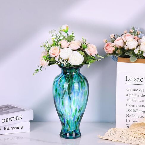 Hand Blown Glass Vase 11.8" Tall Turquoise Sea Glass Vase for Table Centerpieces, Murano Glass Flower Vases Colorful,Beautiful Blown Glass Bud Vase for - Home Entrance Wedding Center (Turquoise) in Kuwait