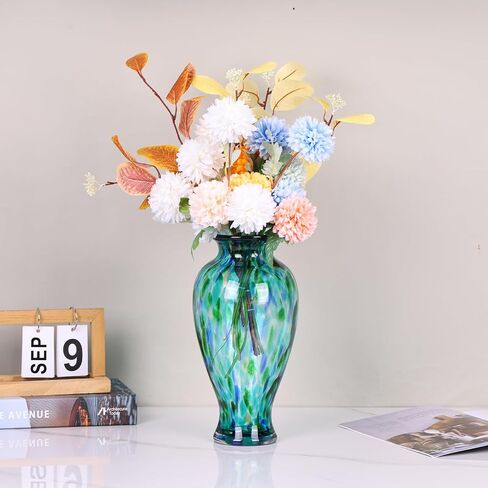 Hand Blown Glass Vase 11.8" Tall Turquoise Sea Glass Vase for Table Centerpieces, Murano Glass Flower Vases Colorful,Beautiful Blown Glass Bud Vase for - Home Entrance Wedding Center (Turquoise) in Kuwait