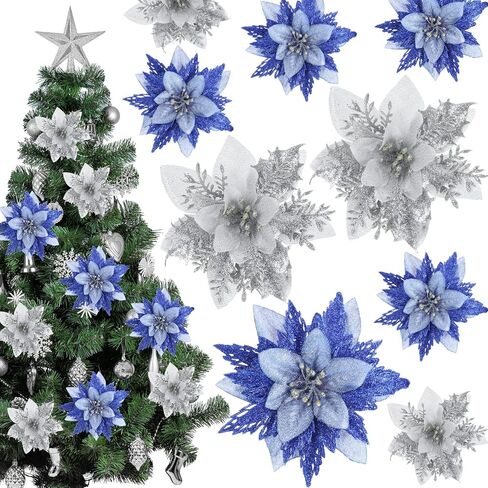 Yunsailing 30 Pcs Poinsettia Christmas Artificial Glitter Flower Xmas Flower Poinsettia for Xmas Tree Artificial Poinsettia Flower for Christmas Tree for Craft Decor Decoration(Light Blue, Silver) in Saudi Arabia