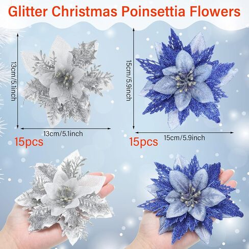 Yunsailing 30 Pcs Poinsettia Christmas Artificial Glitter Flower Xmas Flower Poinsettia for Xmas Tree Artificial Poinsettia Flower for Christmas Tree for Craft Decor Decoration(Light Blue, Silver) in Saudi Arabia