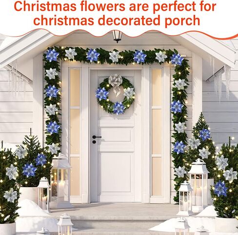 Yunsailing 30 Pcs Poinsettia Christmas Artificial Glitter Flower Xmas Flower Poinsettia for Xmas Tree Artificial Poinsettia Flower for Christmas Tree for Craft Decor Decoration(Light Blue, Silver) in Saudi Arabia