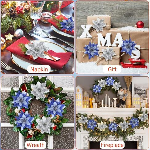 Yunsailing 30 Pcs Poinsettia Christmas Artificial Glitter Flower Xmas Flower Poinsettia for Xmas Tree Artificial Poinsettia Flower for Christmas Tree for Craft Decor Decoration(Light Blue, Silver) in Saudi Arabia