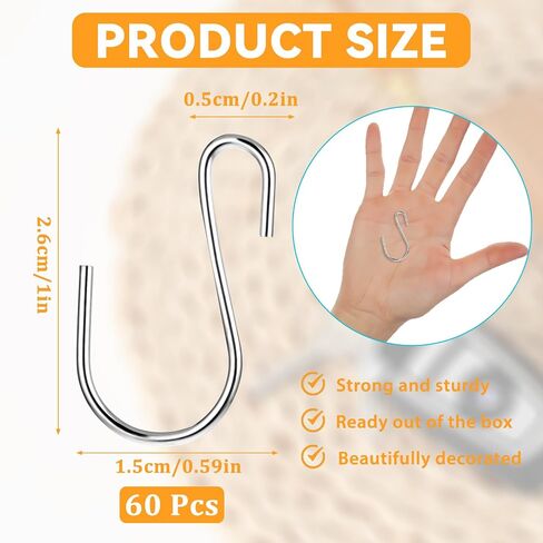 60Pcs Mini S Hooks, 1 Inch Small S Hooks for Hanging Small Metal Hooks Mini S Hooks Silver, S Shaped Mini Hooks for DIY Crafts Jewellery Hanging Key Chain and Name Plate(Silver) in Saudi Arabia