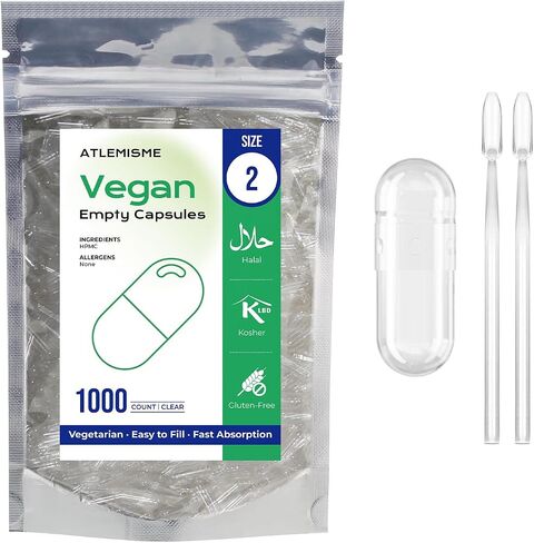 Empty Vegan Capsules Size 2 - Vegan Capsules Empty (100 Count) Empty Capsules DIY Vegetable Capsule Filling - Veggie Capsules Empty Caps with 2 Micro Lab Spoons for Capsule Filling in Kuwait