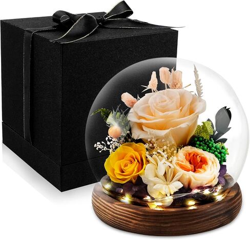 KDM Preserved Roses Gifts for Women Mom Grandma Friend,Long-Lasting Real Flowers in Glass Dome with LED Strip,for Mothers Day Valentines Christmas Thanksgiving （Champagne Austin Yellow Rose） in Saudi Arabia