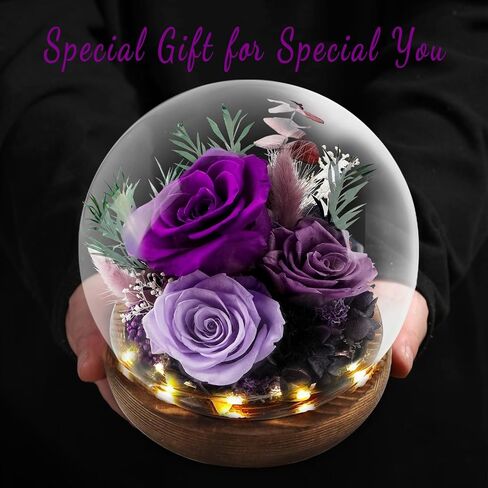 KDM Preserved Roses Gifts for Women Mom Grandma Friend,Long-Lasting Real Flowers in Glass Dome with LED Strip,for Mothers Day Valentines Christmas Thanksgiving （Champagne Austin Yellow Rose） in Saudi Arabia