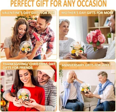 KDM Preserved Roses Gifts for Women Mom Grandma Friend,Long-Lasting Real Flowers in Glass Dome with LED Strip,for Mothers Day Valentines Christmas Thanksgiving （Champagne Austin Yellow Rose） in Saudi Arabia