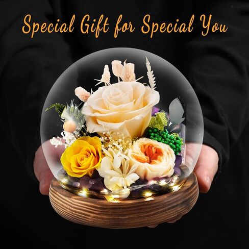 KDM Preserved Roses Gifts for Women Mom Grandma Friend,Long-Lasting Real Flowers in Glass Dome with LED Strip,for Mothers Day Valentines Christmas Thanksgiving （Champagne Austin Yellow Rose） in Saudi Arabia