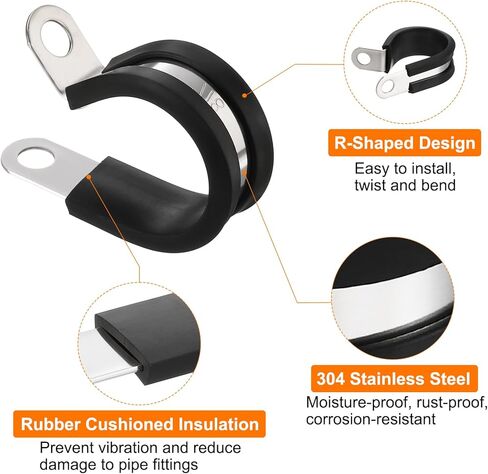 HARFINGTON 7pcs 304 Stainless Steel Cable Clamps 7/8 Inch Rubber Cushioned Insulated Clamp Metal Loop Pipe Clamp for Tube Pipe Wire Cord Installation in Kuwait
