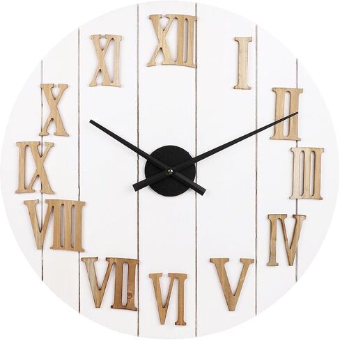 Farmhouse Wall Clock - 24 in Large Wall Clocks for Living Room Decor - White Shabby Chic Country Rustic Decorative Shiplap Wood Wall Clock with Natural 3D Numbers - Silent Battery Operated in Saudi Arabia