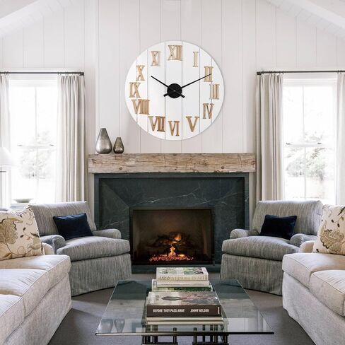 Farmhouse Wall Clock - 24 in Large Wall Clocks for Living Room Decor - White Shabby Chic Country Rustic Decorative Shiplap Wood Wall Clock with Natural 3D Numbers - Silent Battery Operated in Saudi Arabia