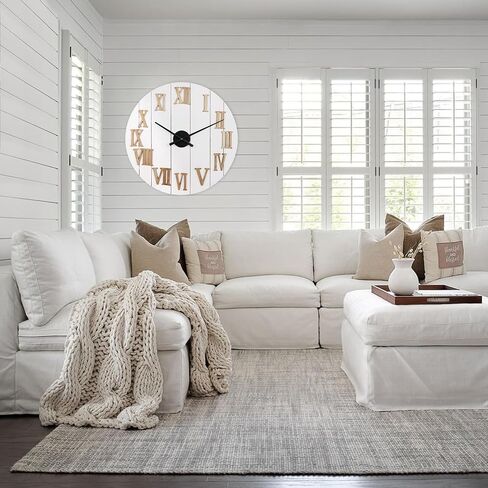 Farmhouse Wall Clock - 24 in Large Wall Clocks for Living Room Decor - White Shabby Chic Country Rustic Decorative Shiplap Wood Wall Clock with Natural 3D Numbers - Silent Battery Operated in Saudi Arabia