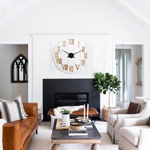 Farmhouse Wall Clock - 24 in Large Wall Clocks for Living Room Decor - White Shabby Chic Country Rustic Decorative Shiplap Wood Wall Clock with Natural 3D Numbers - Silent Battery Operated in Saudi Arabia
