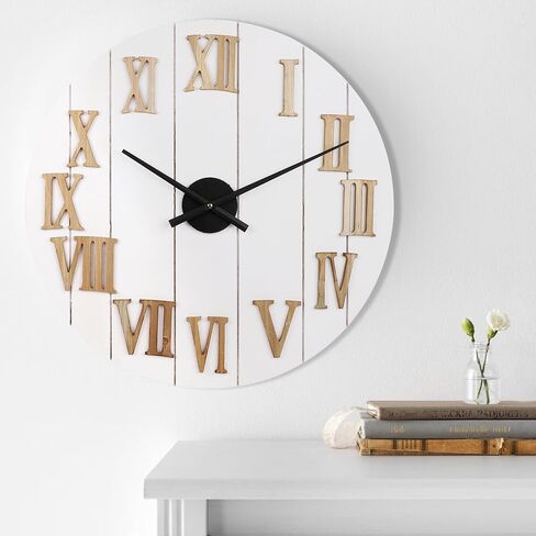 Farmhouse Wall Clock - 24 in Large Wall Clocks for Living Room Decor - White Shabby Chic Country Rustic Decorative Shiplap Wood Wall Clock with Natural 3D Numbers - Silent Battery Operated in Saudi Arabia