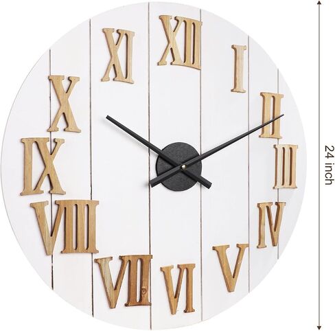 Farmhouse Wall Clock - 24 in Large Wall Clocks for Living Room Decor - White Shabby Chic Country Rustic Decorative Shiplap Wood Wall Clock with Natural 3D Numbers - Silent Battery Operated in Saudi Arabia