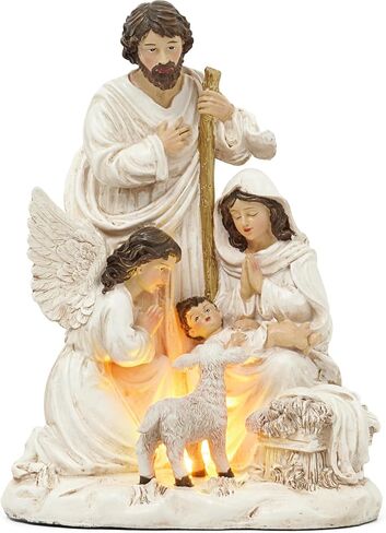Valery Madelyn Christmas Nativity Scene Figurine, Green Gold Holy Family with Angel and Lamb Resin Sculpture with Lights for Holiday Indoor Xmas Gift Table Statue Decorations, 9.8 Inch in Saudi Arabia